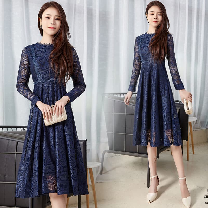 オケージョン ドレス 繊細な総刺繍レース長袖上品膝丈ワンピース