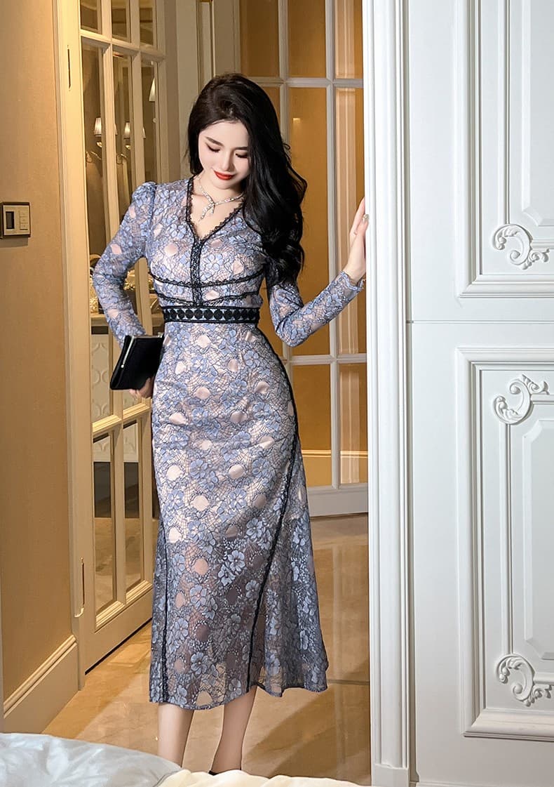 優美レース 深みVネック ロングオケージョンドレス