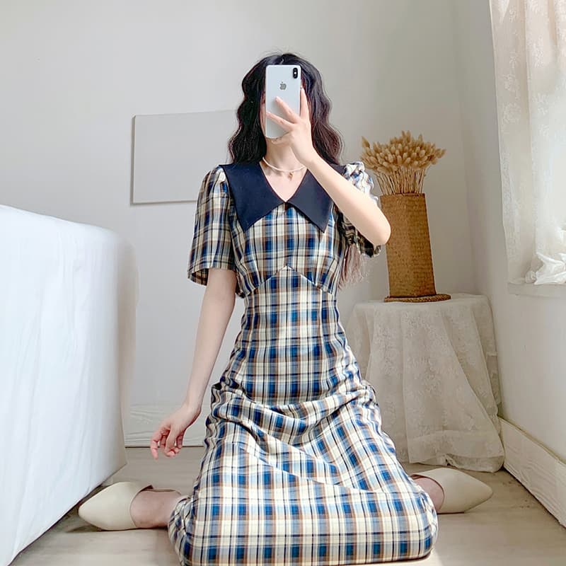 レトロ襟付きチェック柄ミディ丈夏ワンピース