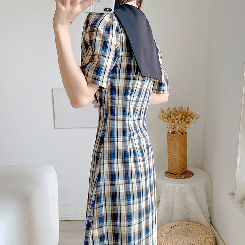 レトロ襟付きチェック柄ミディ丈夏ワンピース