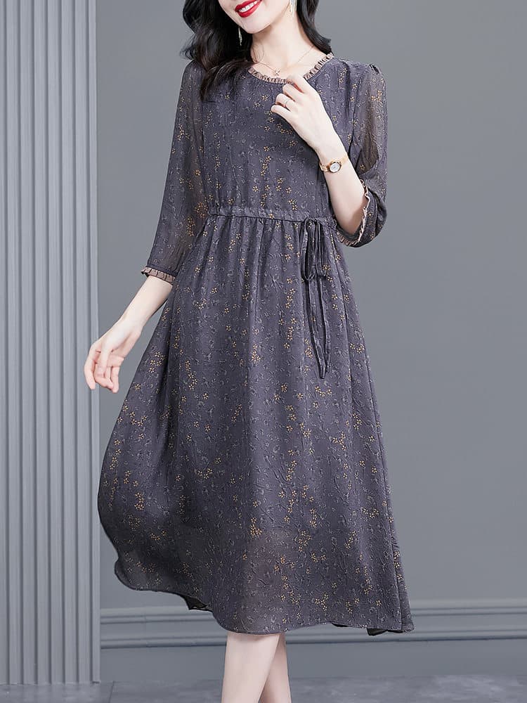 オケージョン ドレス 小花柄シフォン七分袖ウエストリボンワンピース