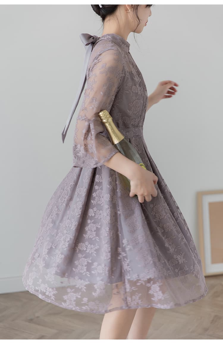 透かし花柄レース ハイネックオケージョンドレス