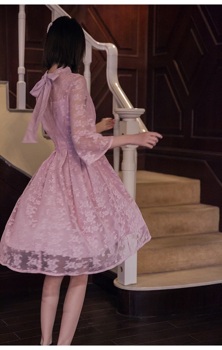 透かし花柄レース ハイネックオケージョンドレス