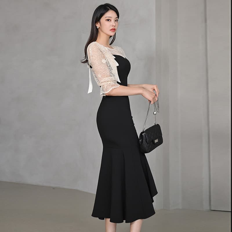 レース袖シアートップマーメイドオケージョンドレス