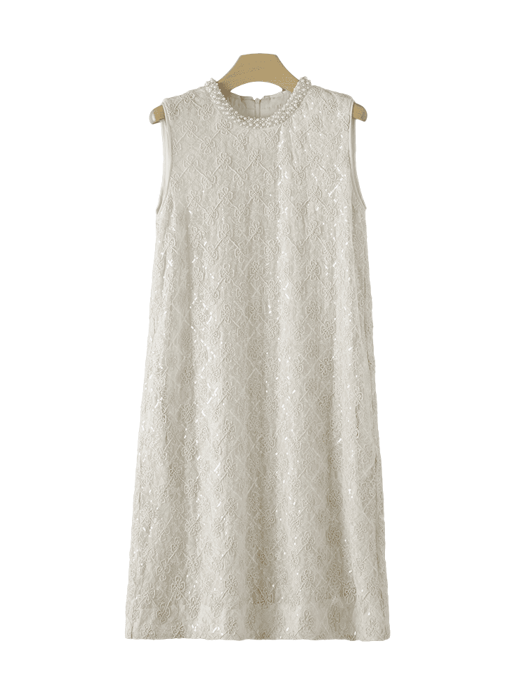  パール装飾レース刺繍ノースリーブオケージョンドレス