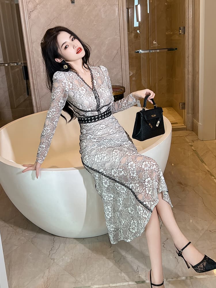 優美レース 深みVネック ロングオケージョンドレス