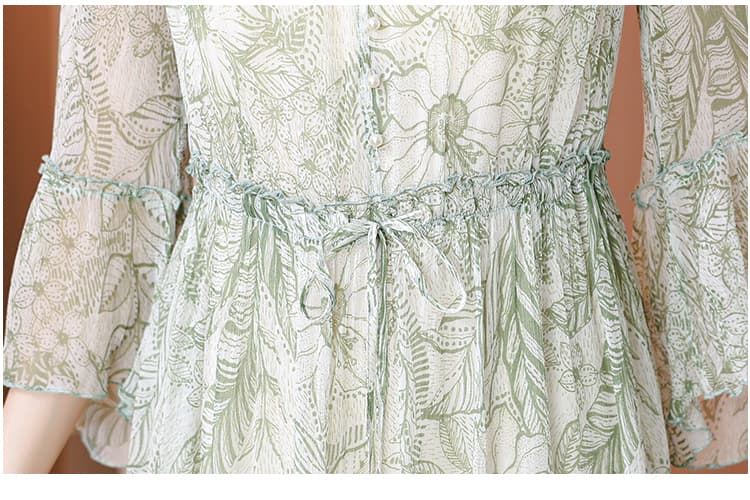 オケージョンワンピース 花柄シフォン 七分袖ギャザーワンピース