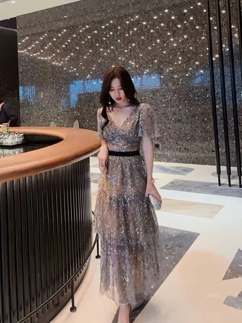 優美な煌めき 半袖シアーオケージョンドレス