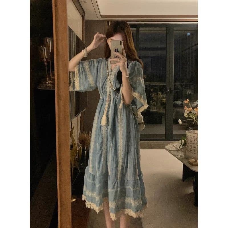 オケージョンワンピース 優美なシフォンレースミディ丈ワンピース