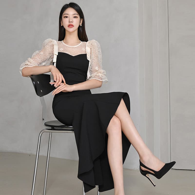 レース袖シアートップマーメイドオケージョンドレス