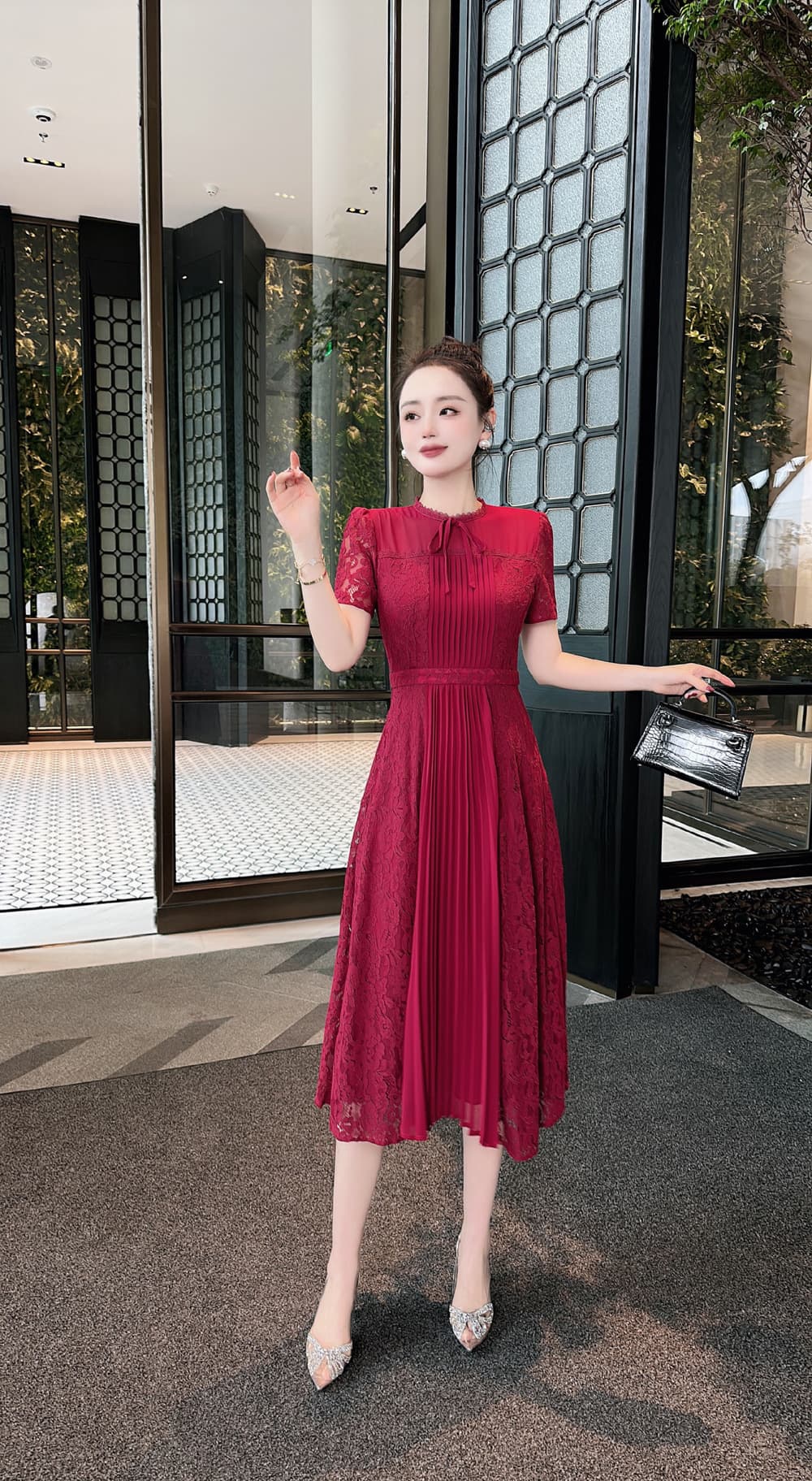 オケージョン ドレス レース調プリーツ ミディアム ワンピース