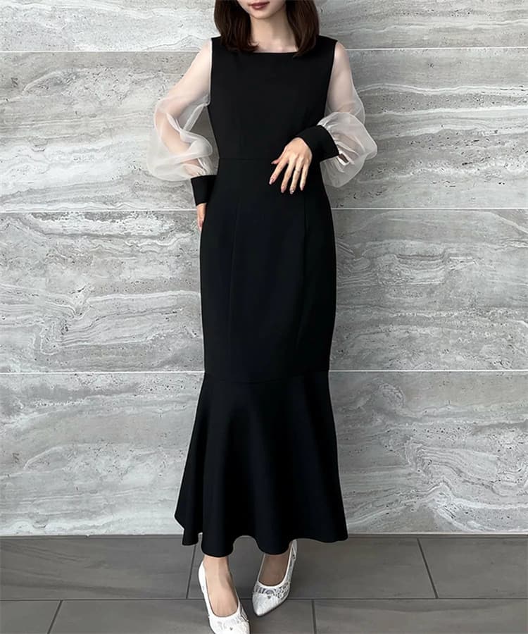 オケージョン ドレス 女性用マーメイド長袖透け袖上品結婚式二次会