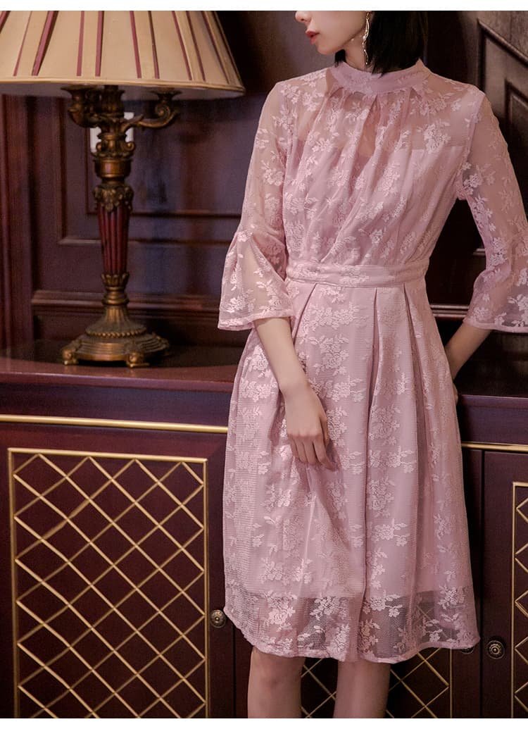 透かし花柄レース ハイネックオケージョンドレス