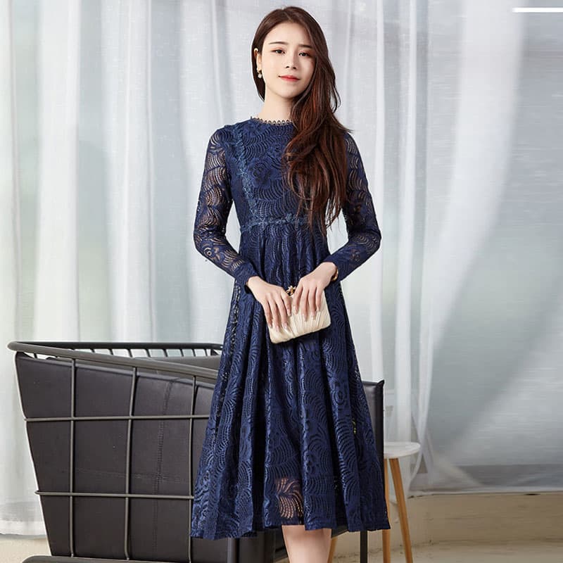 オケージョン ドレス 繊細な総刺繍レース長袖上品膝丈ワンピース