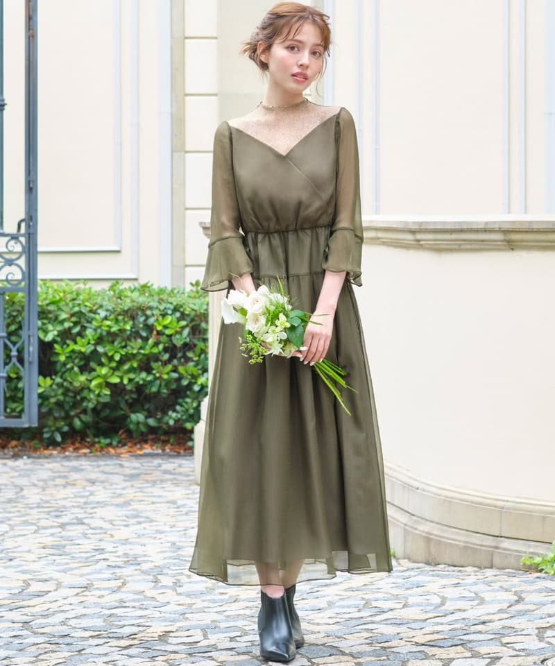 メッシュシアー素材の贅沢ドレープオケージョン ドレス 