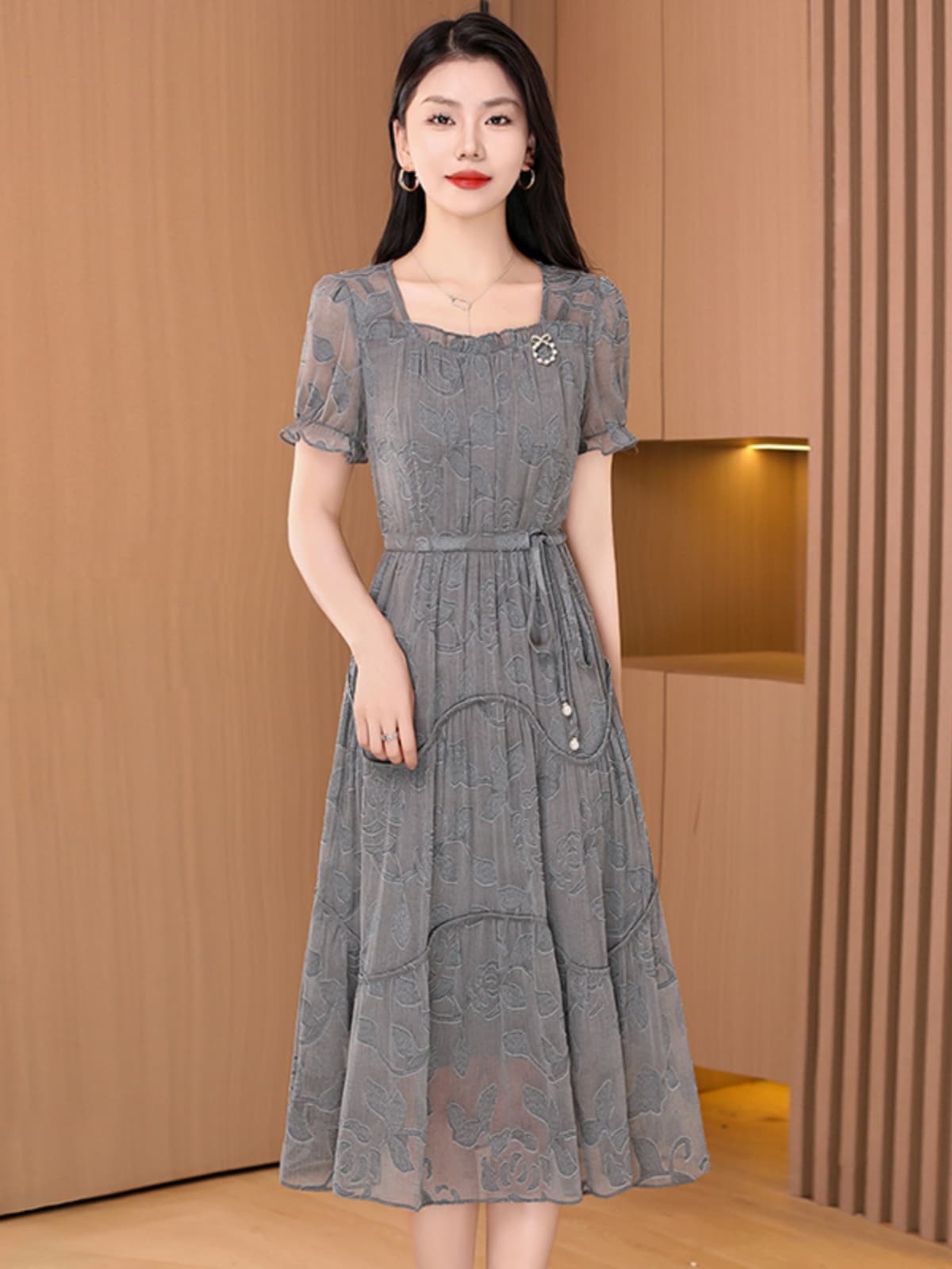 オケージョン ドレス 花柄シフォン半袖ティアードミディ丈ワンピース
