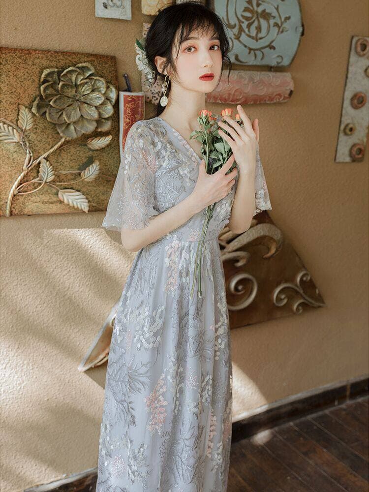 花柄刺繍レース袖ブイネックロング丈オケージョンドレス