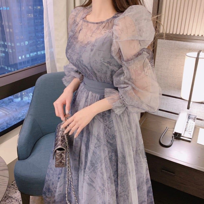 花柄刺繍チュールパフスリーブ長袖オケージョンドレス