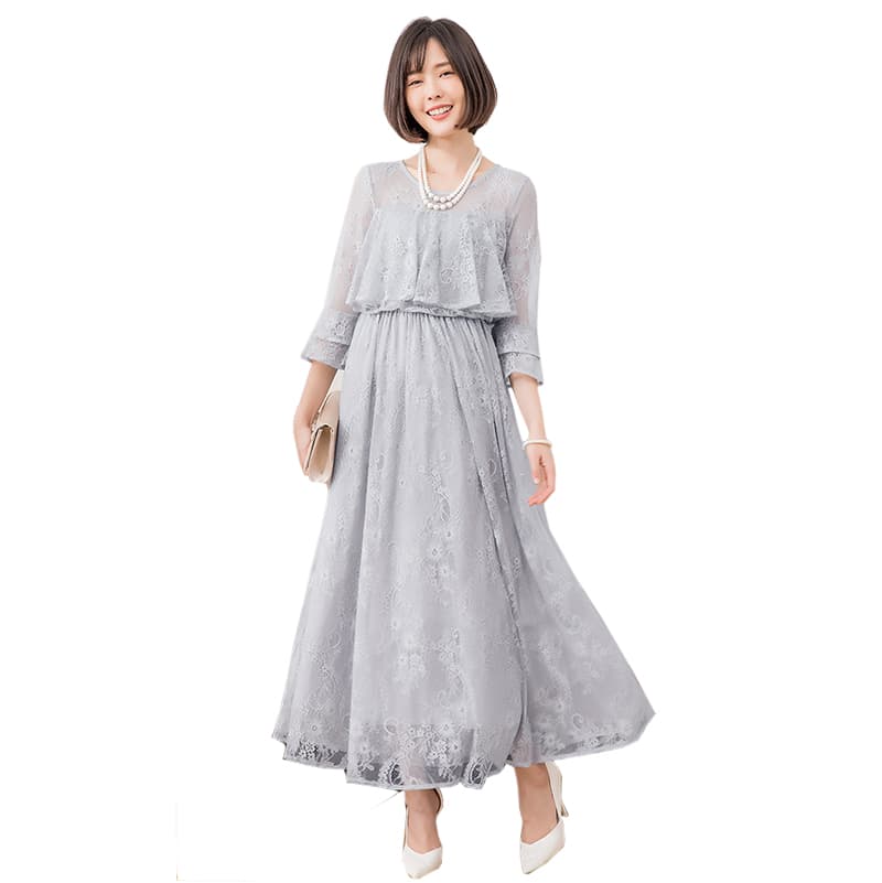 オケージョン ドレス 総レース仕立てケープ風ティアード袖ロング丈ワンピース