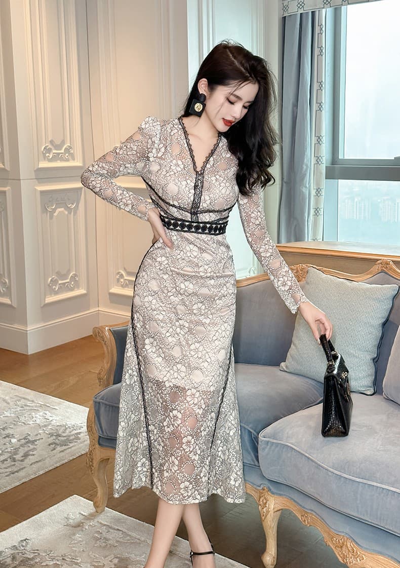 優美レース 深みVネック ロングオケージョンドレス