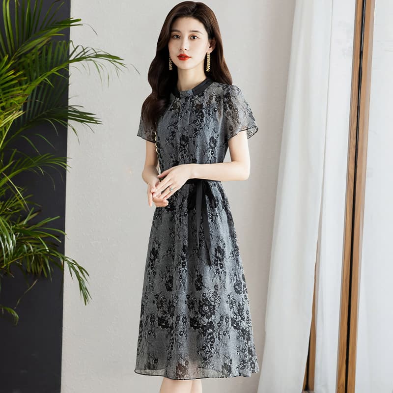 優雅な花柄シフォンオケージョンドレス