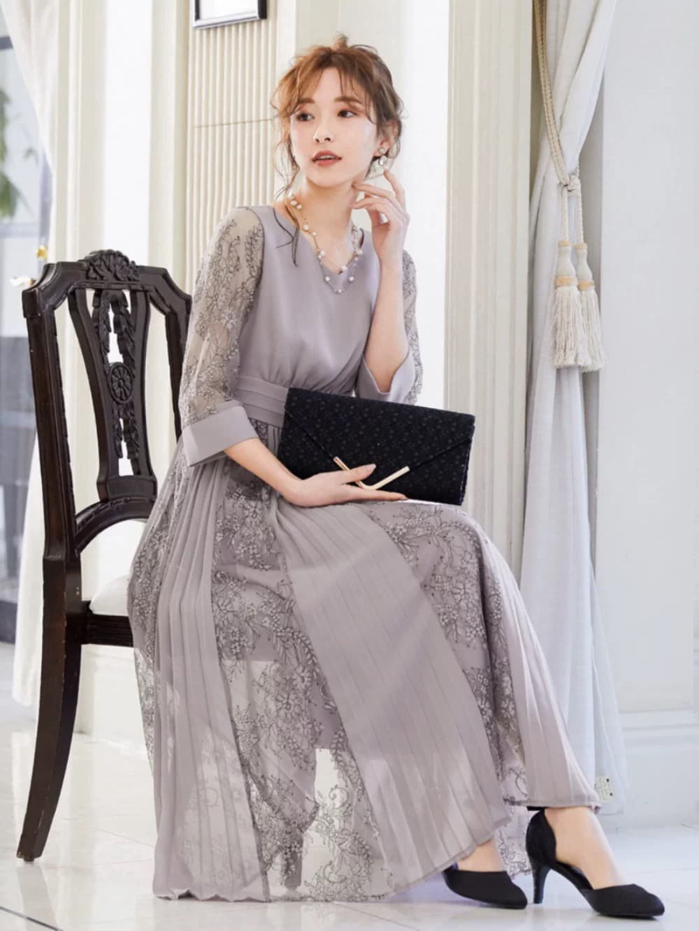 レース袖プリーツ重ね ロングオケージョンドレス