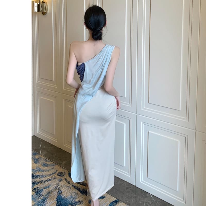配色美人ワンショルダードレープロングオケージョンドレス