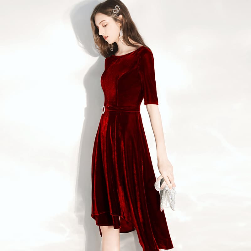 オケージョン ドレス 裾非対称ベロア五分袖オケージョンワンピース