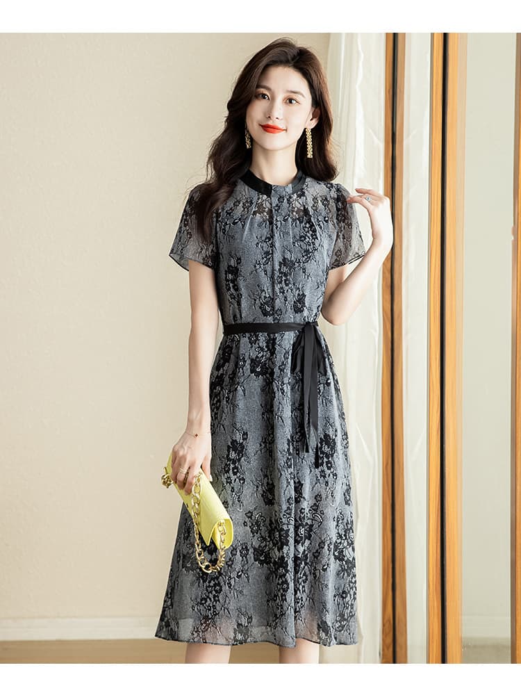優雅な花柄シフォンオケージョンドレス
