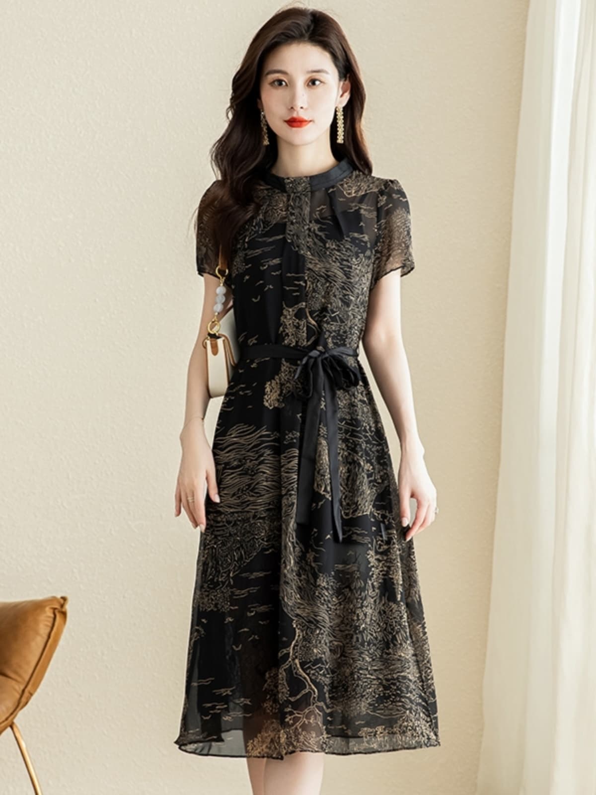 優雅な花柄シフォンオケージョンドレス