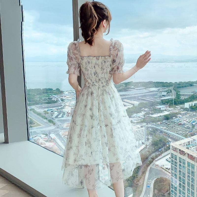 花柄シフォン 半袖フレアオケージョンドレス