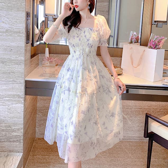 花柄シフォン 半袖フレアオケージョンドレス
