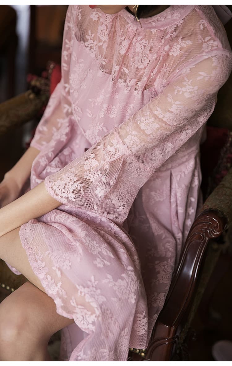 透かし花柄レース ハイネックオケージョンドレス