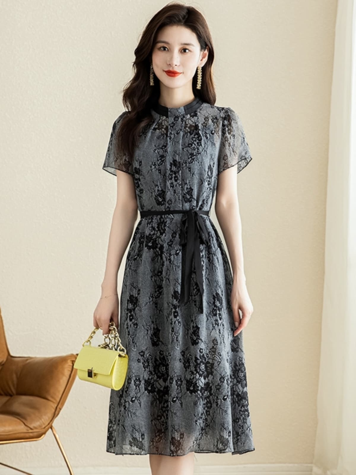 優雅な花柄シフォンオケージョンドレス