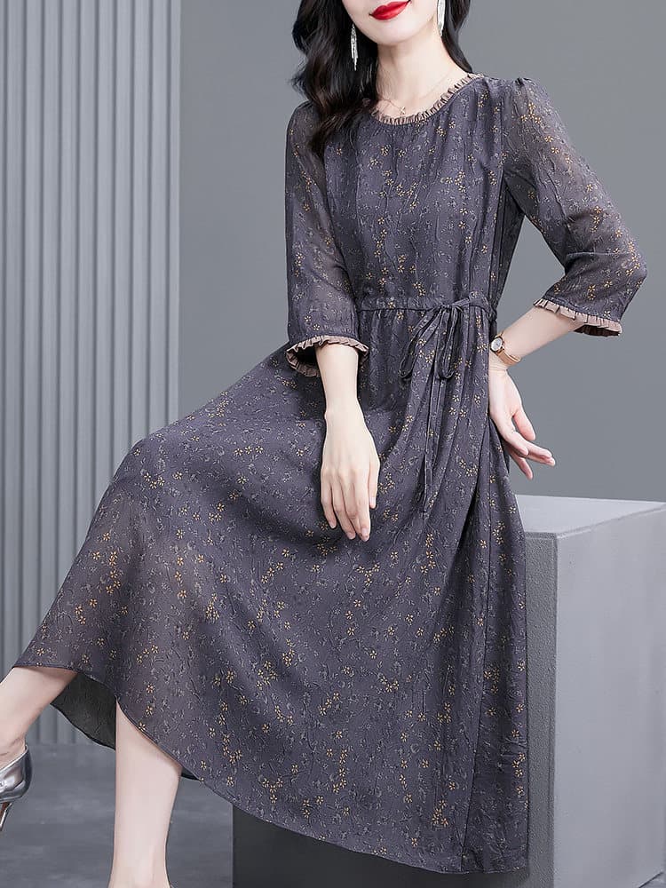オケージョン ドレス 小花柄シフォン七分袖ウエストリボンワンピース