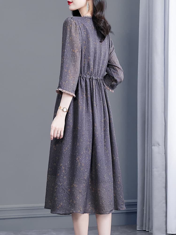 オケージョン ドレス 小花柄シフォン七分袖ウエストリボンワンピース