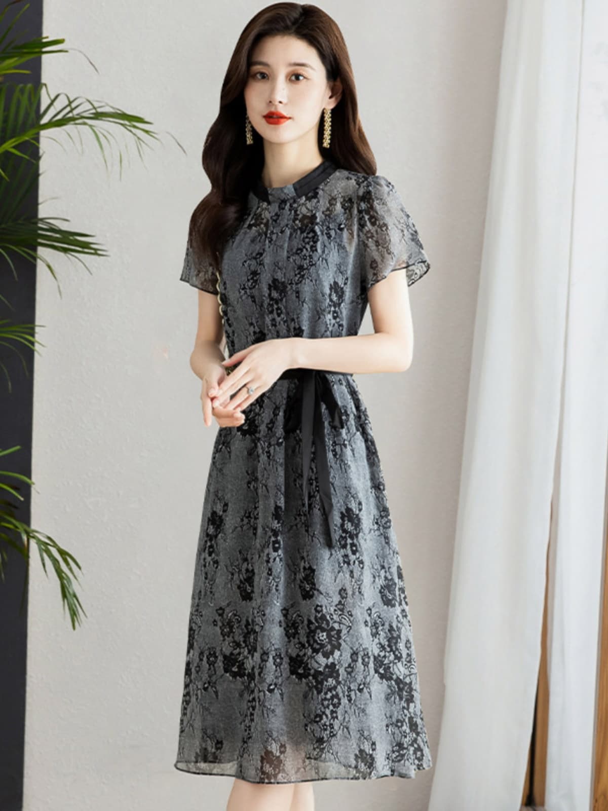 優雅な花柄シフォンオケージョンドレス
