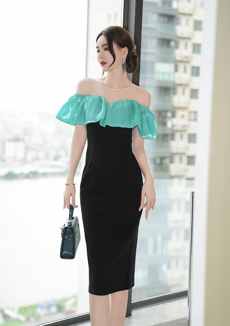 オケージョン ドレス フリルオフショル バイカラーワンピース