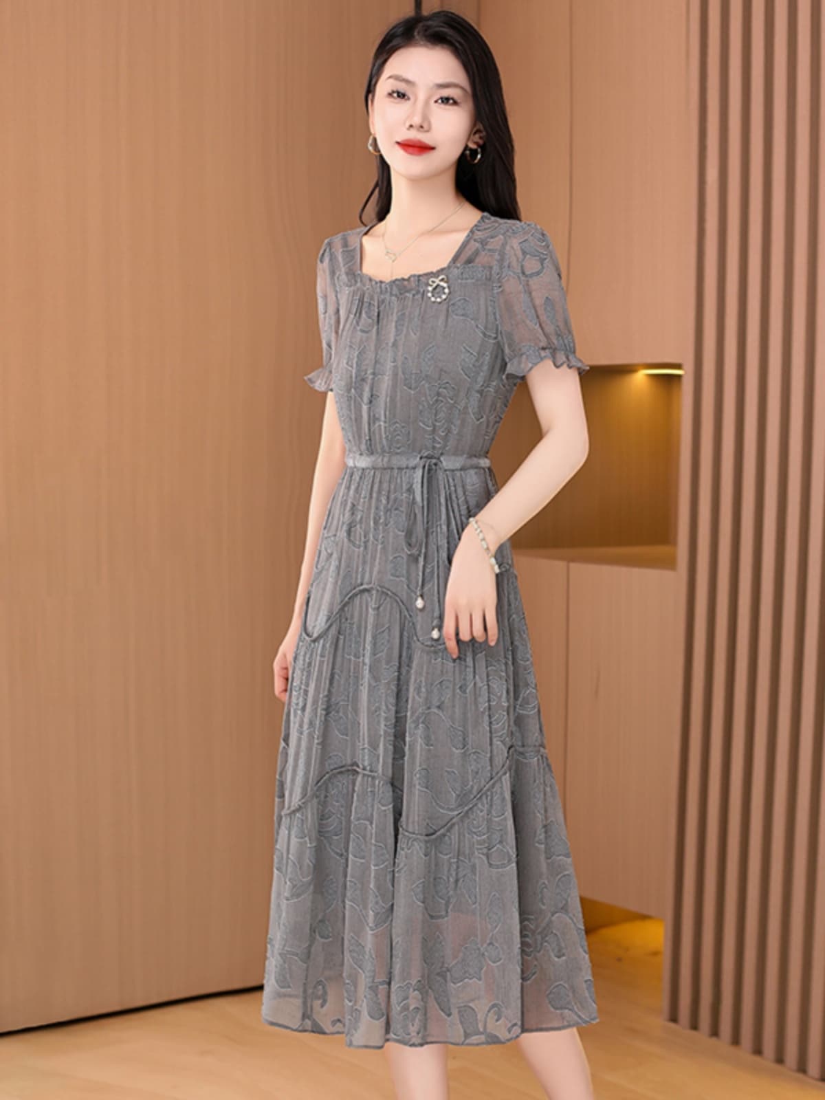 オケージョン ドレス 花柄シフォン半袖ティアードミディ丈ワンピース