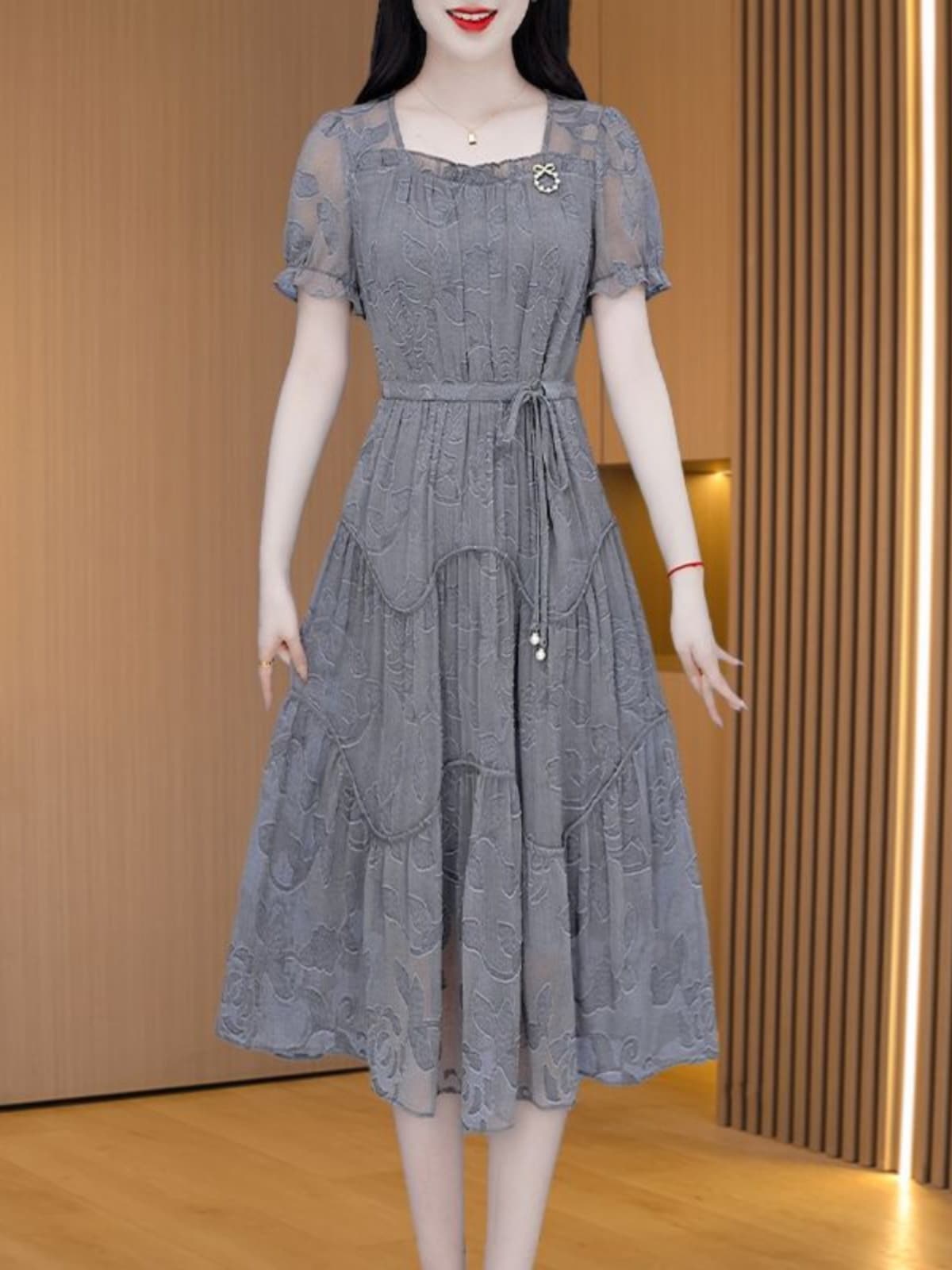 オケージョン ドレス 花柄シフォン半袖ティアードミディ丈ワンピース