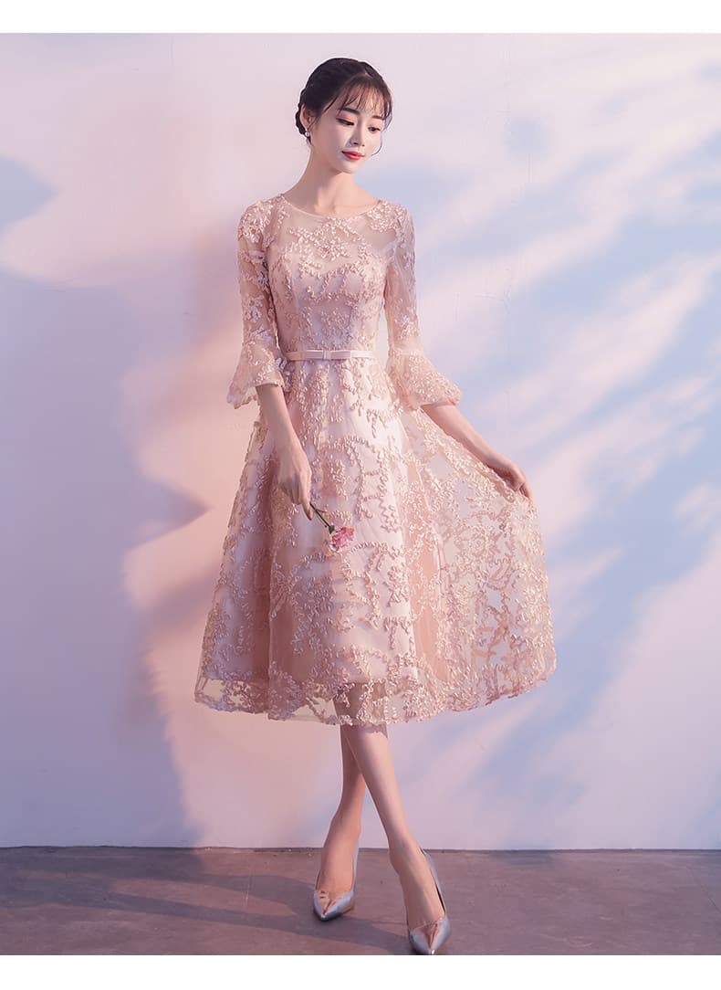 花柄刺繍レース七分袖膝丈オケージョンドレス