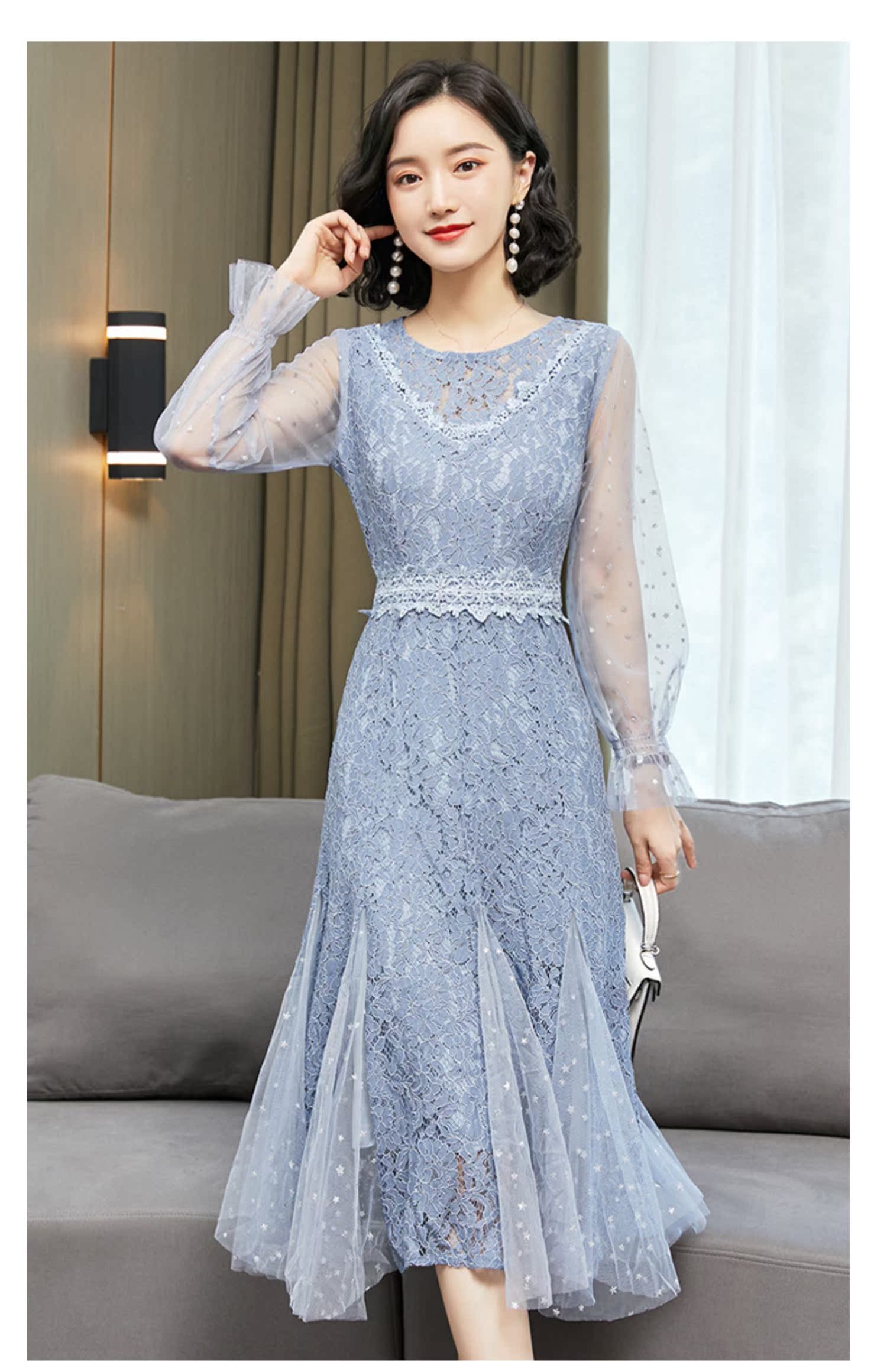 総レース刺繍チュール袖マーメイドラインオケージョンドレス