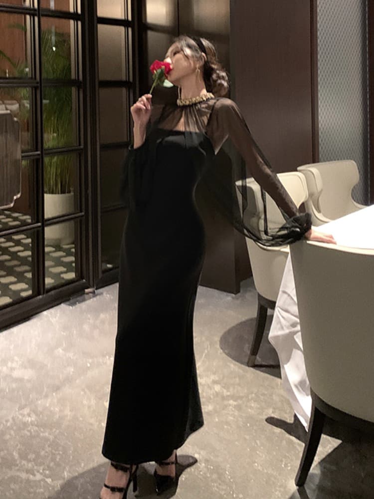 透け感ケープ袖付きロングオケージョンドレス