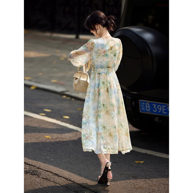 優美な花柄シフォン ミディ丈オケージョンドレス