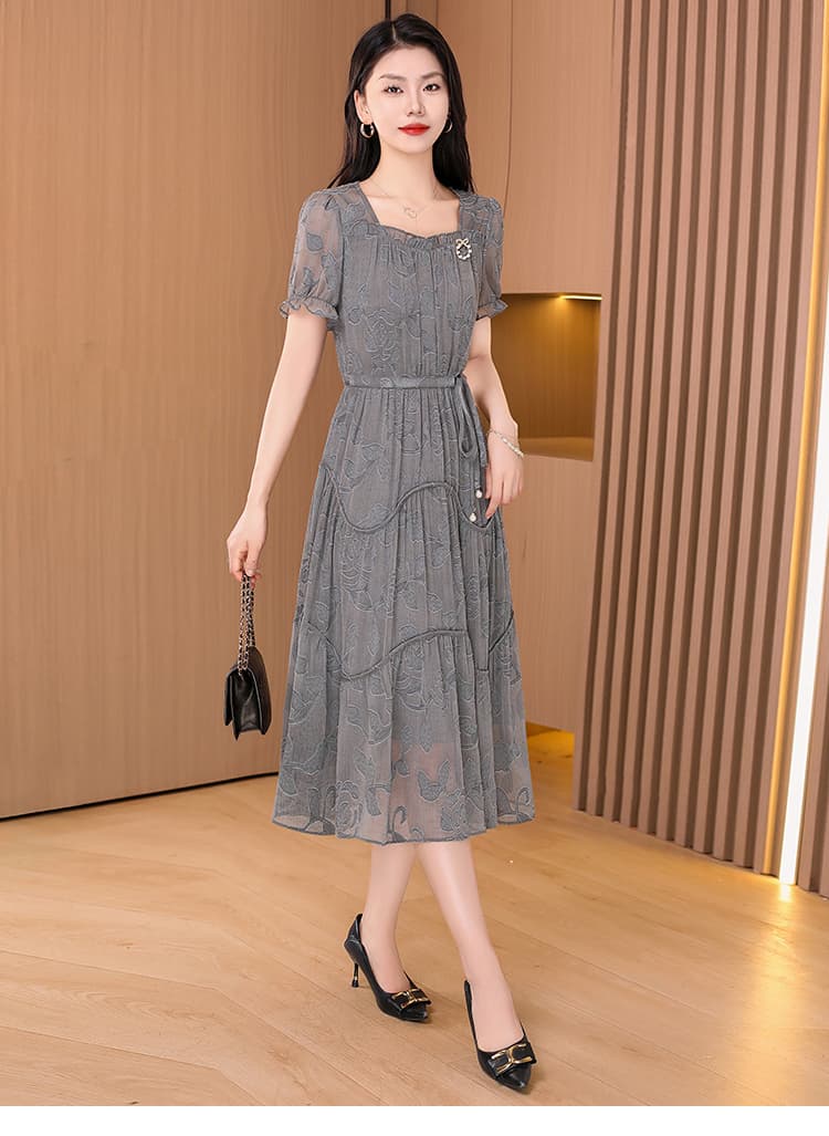 オケージョン ドレス 花柄シフォン半袖ティアードミディ丈ワンピース
