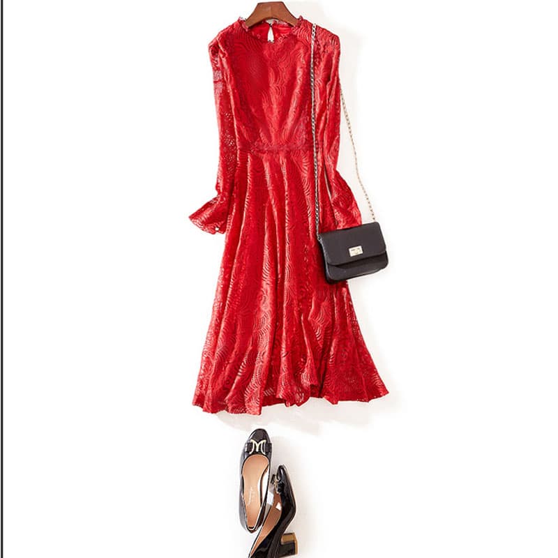 オケージョン ドレス 繊細な総刺繍レース長袖上品膝丈ワンピース