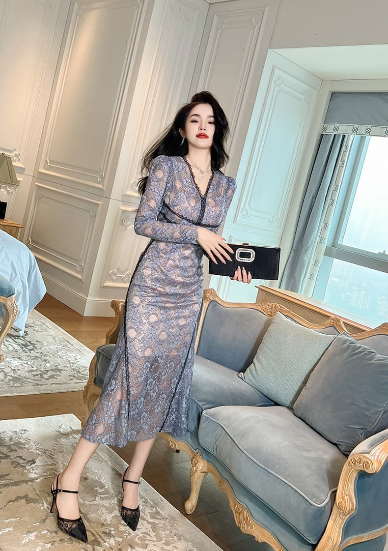 優美レース 深みVネック ロングオケージョンドレス