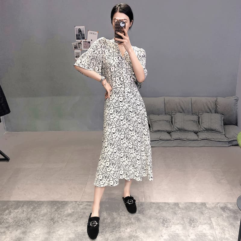 花柄シアー素材フレア袖ミモレ丈オケージョンドレス