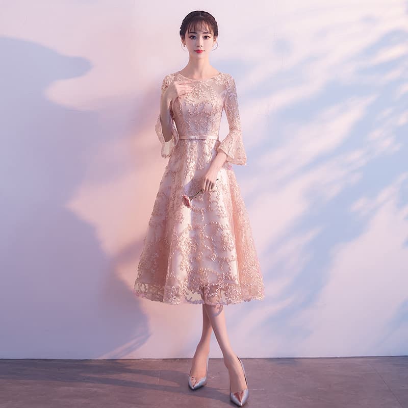 花柄刺繍レース七分袖膝丈オケージョンドレス