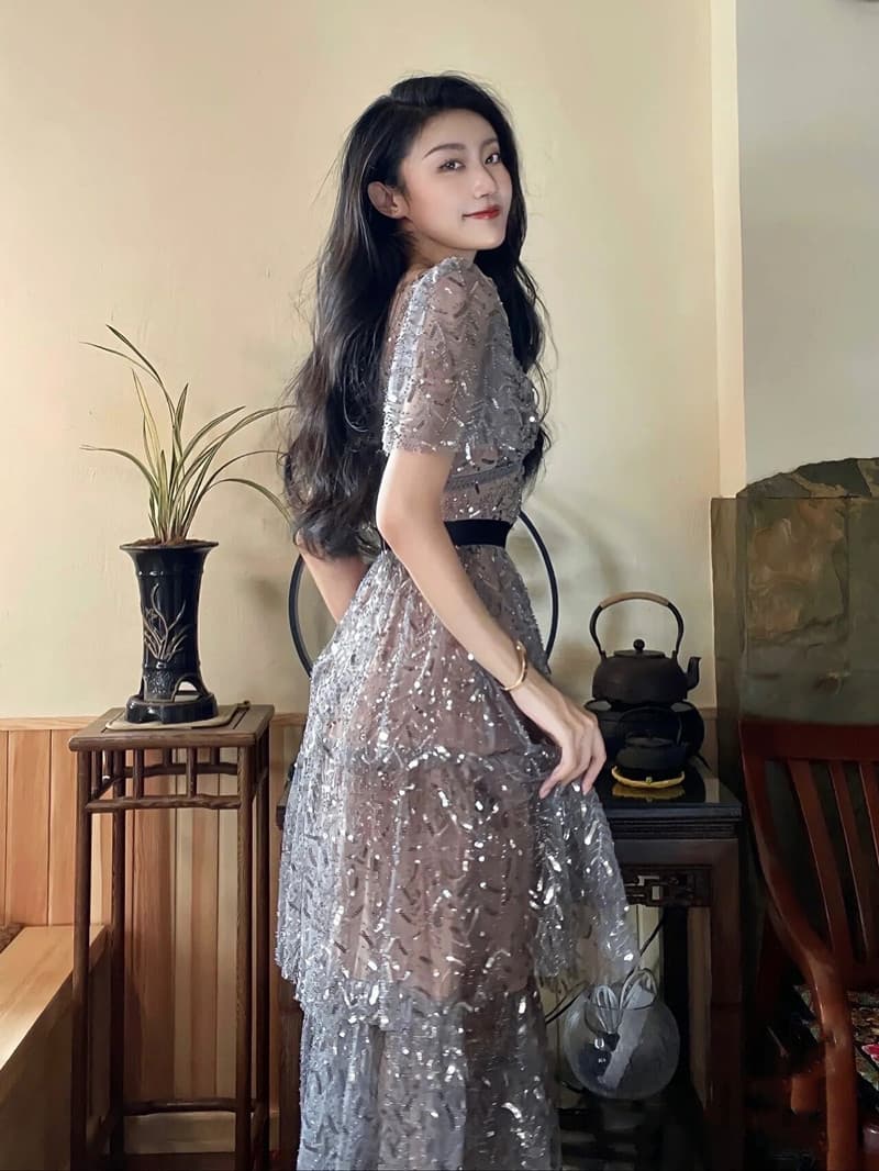 優美な煌めき 半袖シアーオケージョンドレス